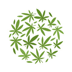 Vector illustration of bright green cannabis leaves in round shape