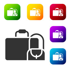 Black Suitcase for travel icon isolated on white background. Traveling baggage sign. Travel luggage icon. Set icons in color square buttons. Vector.