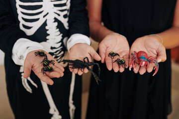Hands of children at Halloween party showing scary plastic spiders and scorpio