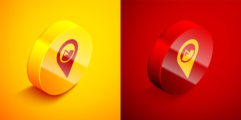 Isometric Map pointer with mountain icon isolated on orange and red background. Mountains travel icon. Circle button. Vector.