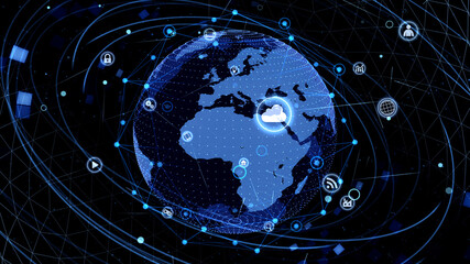 Obraz premium Technology Icon Network World Internet Digital devices on space Earth 3D illustration