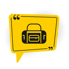 Black Sport bag icon isolated on white background. Yellow speech bubble symbol. Vector.