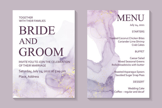 Modern Abstract Wedding Invitation Design Or Card Templates For Birthday Greeting Or Certificate Or Cover With Pastel Purple Watercolor Stain Or Fluid Art In Alcohol Ink Style With Gold On A White.