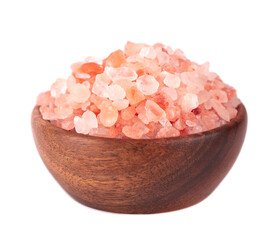 Himalayan pink salt in wooden bowl, isolated on white background. Himalayan pink salt in crystals.