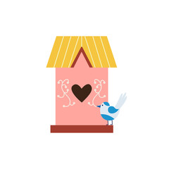 Sweet cute pink birdhouse with small bird, flat vector illustration isolated.