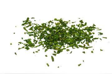 Fresh chopped  celery leaves isolated on white. Aromatic Spice celery leaves.