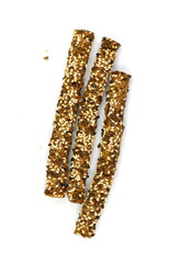 Stick crackers. Sesame- linen stick crackers. Pretzel bread stick with sesame and linen, flax seeds isolated on white background.