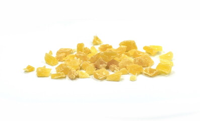 Dried dehydrated pineapple. Candied pineapple isolated on white.