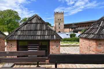 Fototapeta na wymiar Lutsk, Ukraine - May, 2020: Medieval castle of Lubart in Lutsk. Ukrainian landmark, domestic tourism. Fortifications and courtyard.