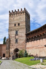 Lutsk, Ukraine - May, 2020: Medieval castle of Lubart in Lutsk.  Ukrainian landmark, domestic tourism.  Fortifications and courtyard.