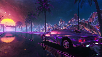 Fototapeta na wymiar 80s retro futuristic drive with vintage car. Stylized sci-fi landscape race in outrun VJ style, night sky. Vaporwave 3D illustration background for EDM music video, DJ set, club. 4k