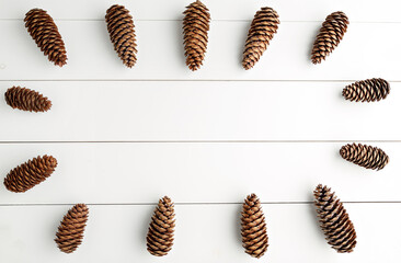 Frame of spruce cones on a white wooden background