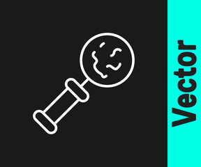 White line Microorganisms under magnifier icon isolated on black background. Bacteria and germs, cell cancer, microbe, virus, fungi. Vector.