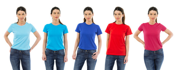 Woman wearing different colored blank shirts - 386482792