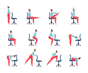 Set of yoga exercises with office chair a vector flat illustrations