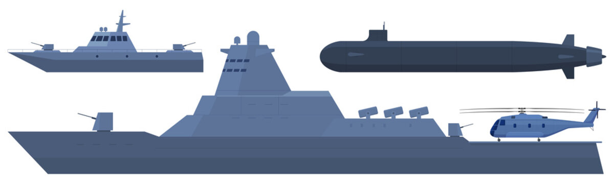 Navy, helicopter carrier, security boat, submarine. Isolated vector illustration