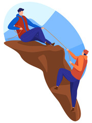 Thirism, active lifestyle. Two men climb mountains, help each other. Reaching the top. Cartoon style, vector illustration