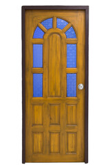 Wooden door decorated with blue glass