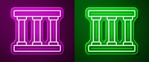 Glowing neon line Prison window icon isolated on purple and green background. Vector.