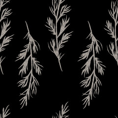 Hand painted botanical seamless pattern. Silver plant twigs on dark background.