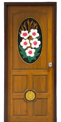 Carved wooden doors with twig patterns, leaves, and white flowers