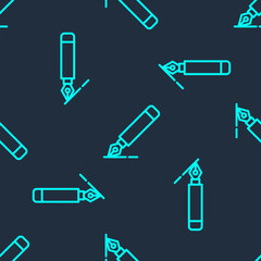 Green line Fountain pen nib icon isolated seamless pattern on blue background. Pen tool sign. Vector.