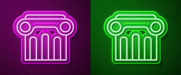Glowing neon line Law pillar icon isolated on purple and green background. Vector.