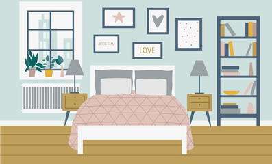 Cozy relaxing modern home bedroom interior a vector flat illustration.