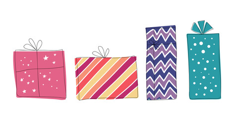 Fototapeta premium Set of vector gift boxes in hand drawing and sketch style. Flat with black outline. Bright and colorful illustrations. For festive decoration and greeting cards. Baby, baby boxes.
