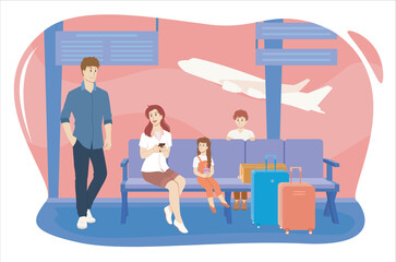 Family with children waiting for their plane at the airport. Vector illustration.