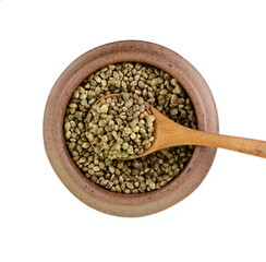 Hemp seeds in a bowl isolated on white background. Super food hemp seed. Cannabis Hemp seeds close up.