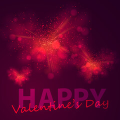Pink and red hearts from dust, firework explosion, burst. Abstract Holiday Light Rays. Vector Illustration. Lettering Happy Valentines day.
