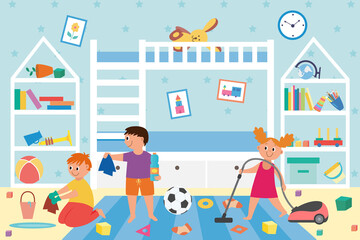 Banner with children cleaning dirty kids play room a vector illustration