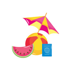 vacations concept, watermelon with beach ball and passport, flat style