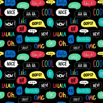 Bright seamless pattern with colorful speech bubble, words and symbols. Wallpaper for teenagers. Fashion style for printing on stationery sets, fabrics and clothes. Super WOW hello nice hi yes cool