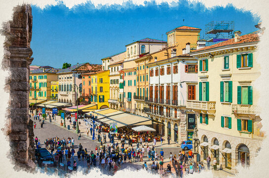 Watercolor drawing of Verona Row of old colorful multicolored buildings on Piazza Bra square in historical city centre, cafes and restaurants with tents and walking tourists, Veneto Region