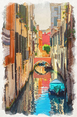 Fototapeta na wymiar Watercolor drawing of Venice cityscape with narrow water canal with boats moored between brick walls of old buildings and stone bridge, Veneto Region, Italy. Typical Venetian view, vertical view