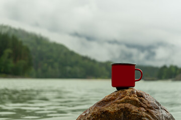 Mug on the background of mountains