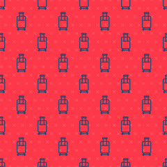 Obraz na płótnie Canvas Blue line Suitcase for travel icon isolated seamless pattern on red background. Traveling baggage sign. Travel luggage icon. Vector.