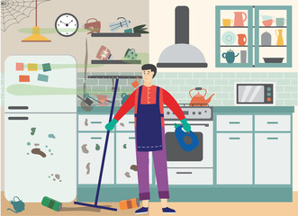 Male cleaner is cleaning mess and garbage in kitchen a vector flat illustration