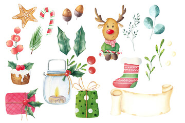 Watercolor set of Christmas elements. Xmas greenery, leaves and berries, gifts, reindeer, decor, hand-drawn desserts and sweets on white background. Christmas elements for stickers, cards, invitation