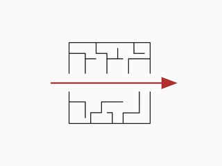 Through maze. Red arrow goes through tangled black lines strategic puzzle.