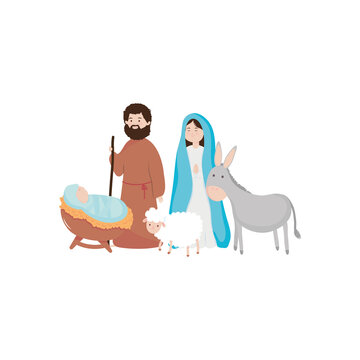 recommend clip art: Nativity family with donkey and sheep, flat style