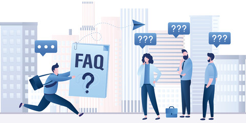 Group of business people have many questions and need help. Male manager with fast faq and support. Help line, feedback,