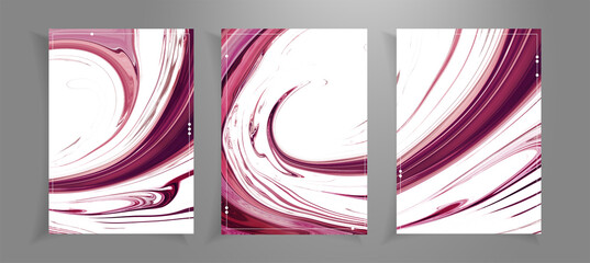 Set of flyer cards template with fluid abstract background. Fluid red marble texture set. Cards for print and web design. Blood waves on white background with frames.