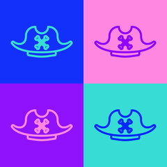 Pop art line Pirate hat icon isolated on color background. Vector.