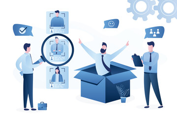 Recruitment process concept. Businessmen select staff. Resume of candidates with avatars. HR agency, two specialists.