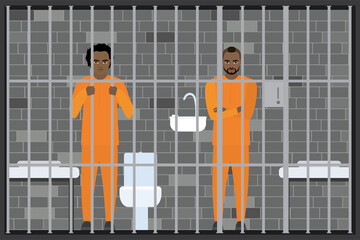 African american male prisoners in double prison cell. Suspect, convict character. Lawbreaker or offender in prison uniform.