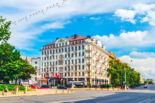 Watercolor drawing of Minsk: Hotel Europe modern style building on Freedom Svabody square Pobediteley Peramohi Avenue in Upper Town historical city centre, blue sky white clouds in sunny summer day