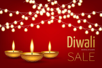Diwali festival of lights. India traditional holiday. Banner background design with Diya oil lamp. Vector illustration.